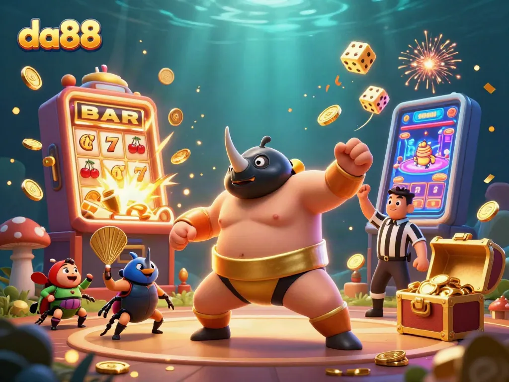 Experience thrilling wins at da88 with a cartoon beetle champion in a vibrant casino scene.