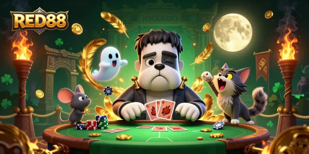 RED88's lively casino scene features a Frankenstein bulldog and a ghost mouse amidst golden chips.