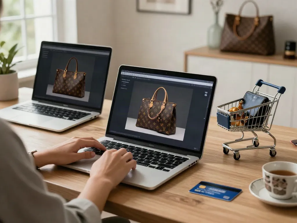 "Online shopping at a premium replica shop featuring luxury bags and shoes."