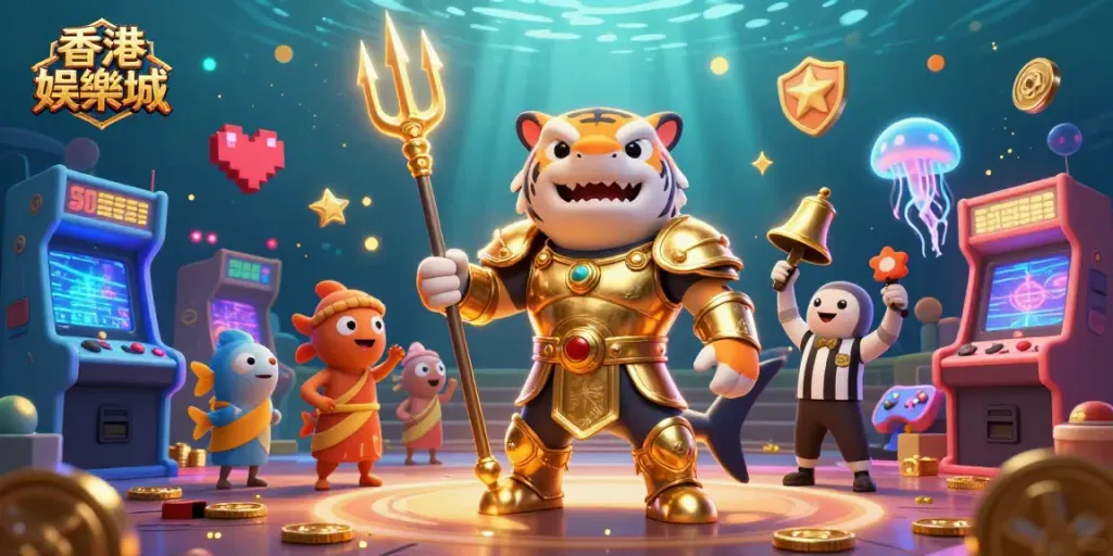 Engage with the thrilling 香港娛樂城 experience, featuring a dynamic underwater colosseum with vibrant arcade elements and a golden tiger shark.