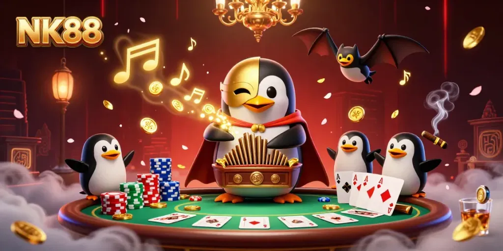 Experience NK88 with a vibrant 3D scene of a penguin playing an organ amidst gold coins and poker elements.