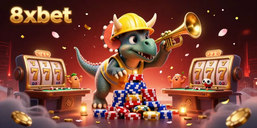 Join 8xbet at a lively casino scene featuring animated characters and exciting game elements.