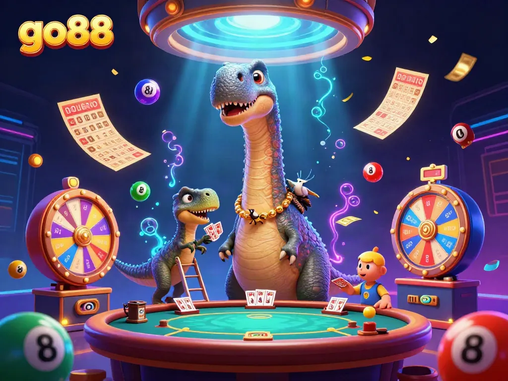 Experience the excitement of go88 with a playful 3D scene showcasing a unique casino setting.