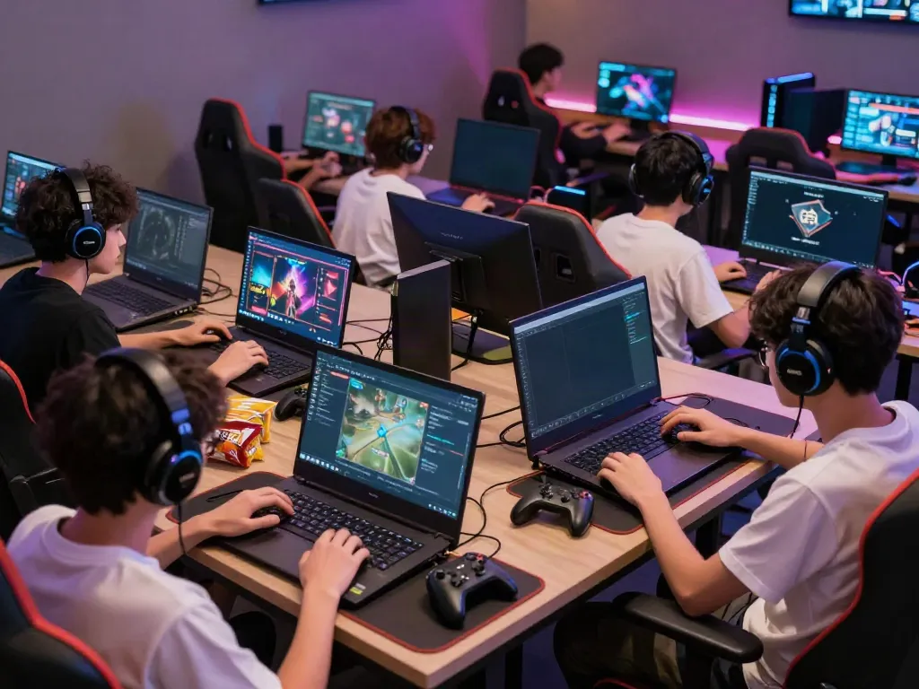 Players enjoying the cổng game sunwin on laptops and smartphones in a vibrant gaming lounge.