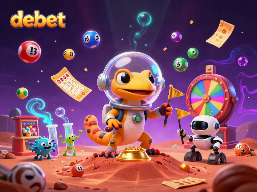 Experience debet's excitement with a 3D illustration of a Martian gecko discovering a golden casino on Mars.