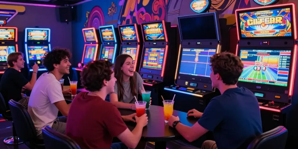 Diverse gamers enjoying Slot Gacor in a lively lounge filled with neon lights and slot machines.