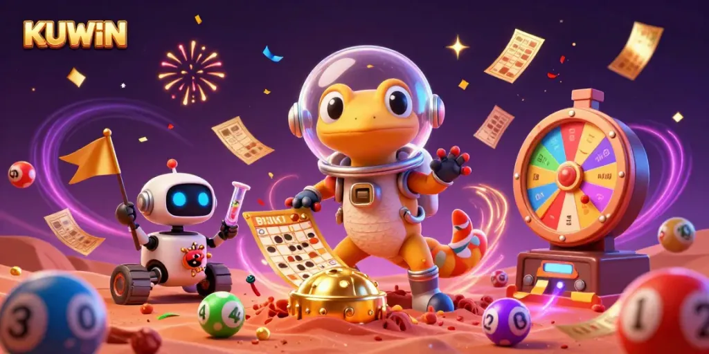 KUWIN showcases an energetic scene of a Martian gecko discovering a casino amidst colorful lottery balls and celebrations.
