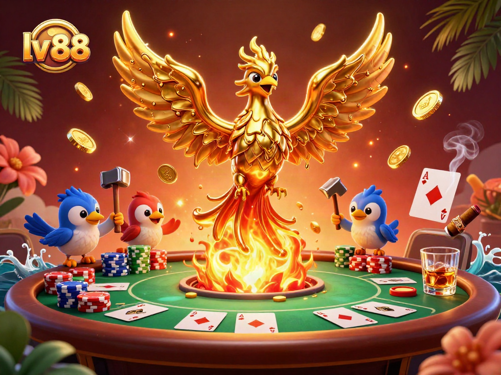 Experience thrilling gameplay at lv 88 with a dynamic poker scene and golden phoenix illustration.