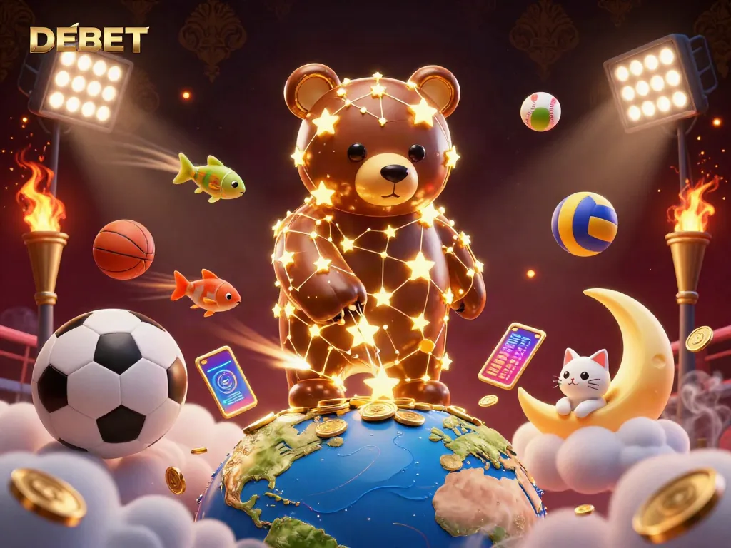 Engage in exciting sports betting action at DEBET with a vibrant 3D illustration showcasing winning moments and dynamic gameplay.