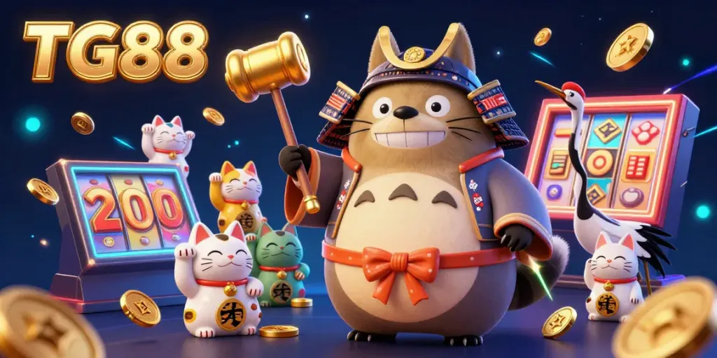 Join the fun at TG88 with a cheerful tanuki celebrating in a vibrant casino scene filled with lucky symbols.