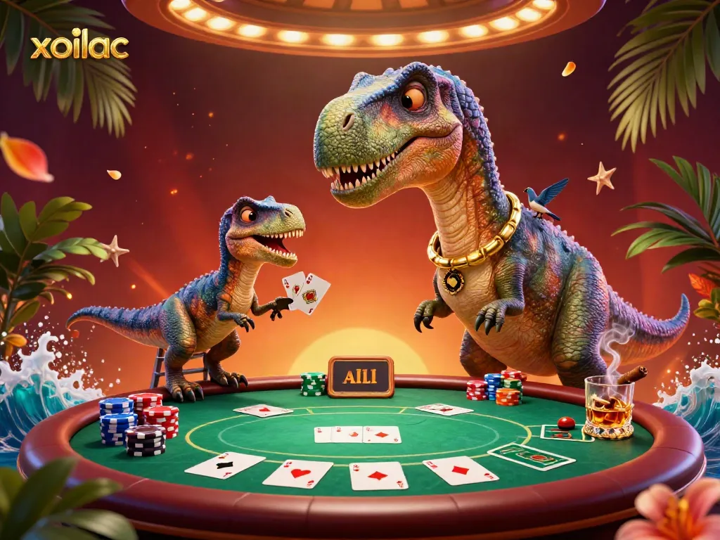 Xoilac offers a vibrant gaming scene with a giant brontosaurus and a clever raptor dealing cards.