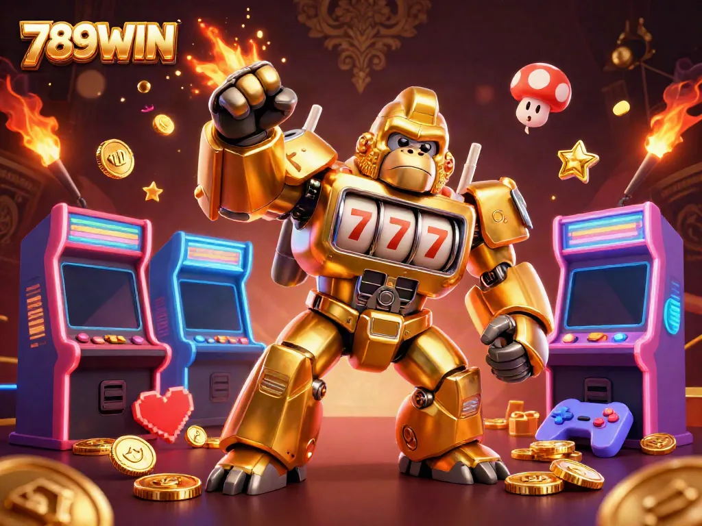 Experience thrilling gaming with 789WIN as the golden gorilla mech gears up for action amidst vibrant arcade elements.