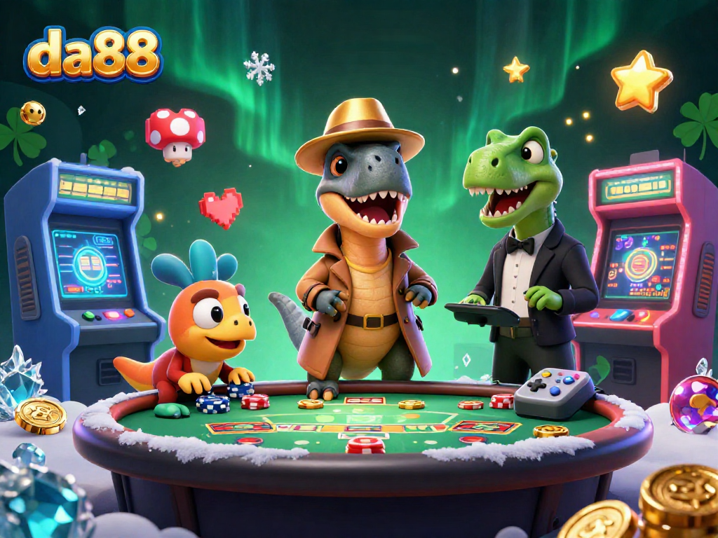 Experience thrilling gameplay at da88 with cartoon dinosaurs maneuvering at a vibrant casino table.