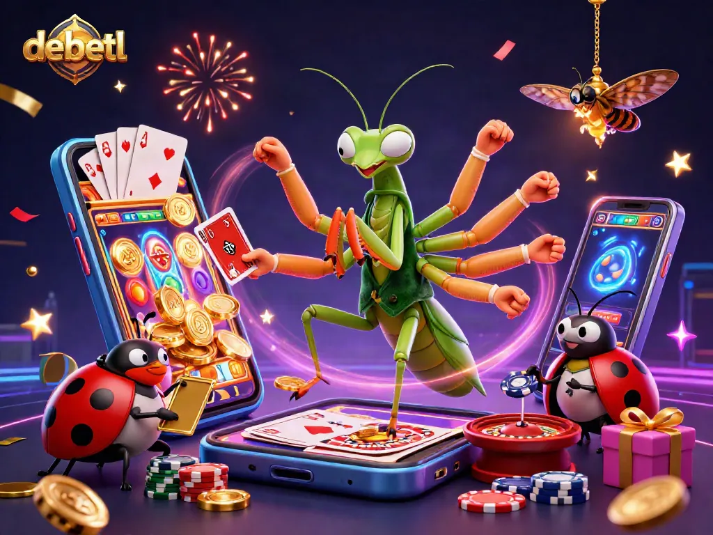 Experience the thrill of debetl with dynamic gaming scenes featuring vibrant characters, slots, and celebration elements.