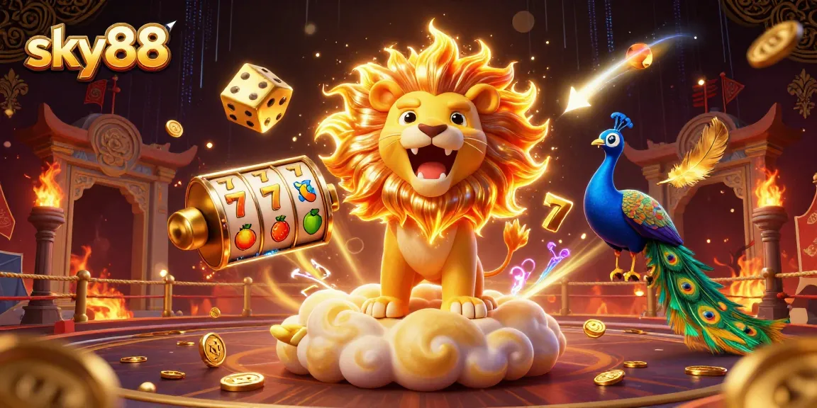 Engage in exciting gameplay with sky88 featuring vibrant slot reels, golden coins, and dynamic casino elements.