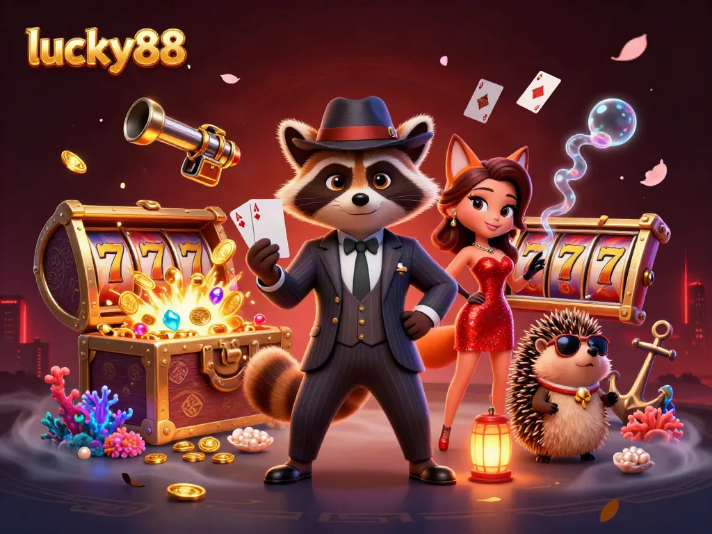 Experience thrilling gameplay at lucky88 with a suave raccoon, fox lady, and hedgehog bouncer in a vibrant casino scene.