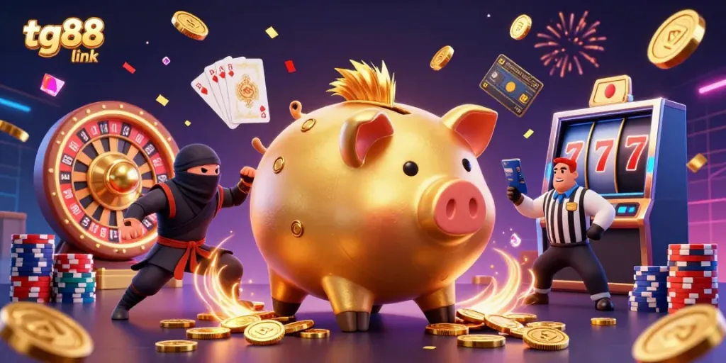 Engage in thrilling gameplay with tg88 link at an ultra-detailed 3D casino scene featuring a piggy bank champion and dynamic elements.
