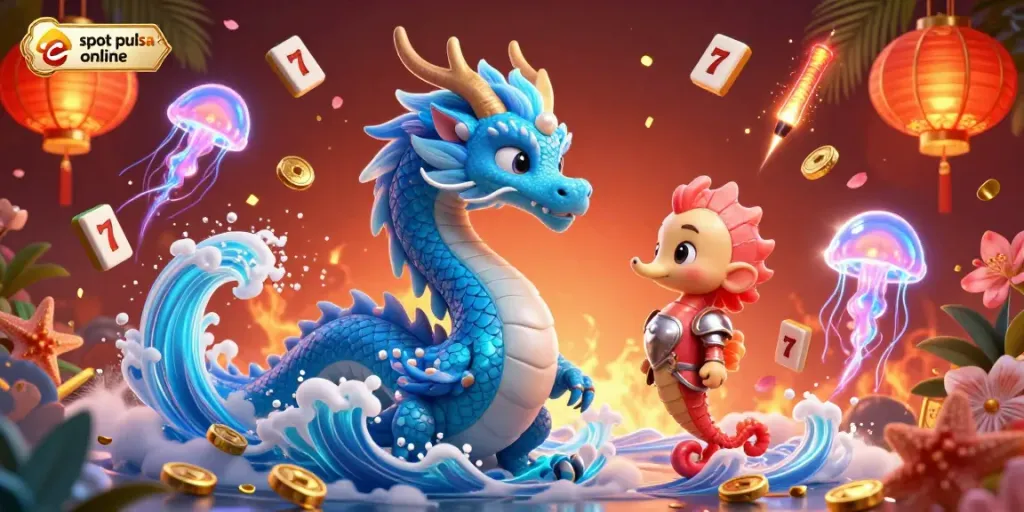 Experience the thrill of slot pulsa online with a dynamic scene showcasing vibrant characters and casino elements.