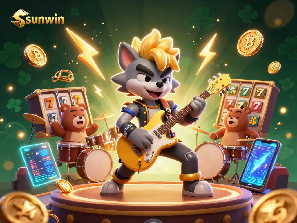 Experience a vibrant sunwin gaming scene with a rock star wolf and big wins in slots.