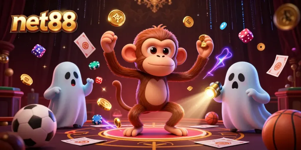Experience thrilling sports betting excitement with net88 featuring a poltergeist monkey and ghost-hunter puppy.