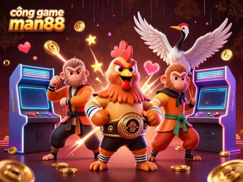 Engage with cổng game man88 through a dynamic 3D illustration of colorful gaming elements and characters in action.
