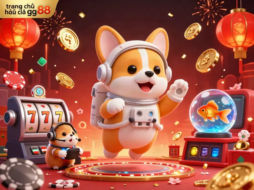 Experience gaming excitement at trang chủ nhà cái gg88 with a lively casino scene filled with floating poker chips, vibrant characters, and slot elements.