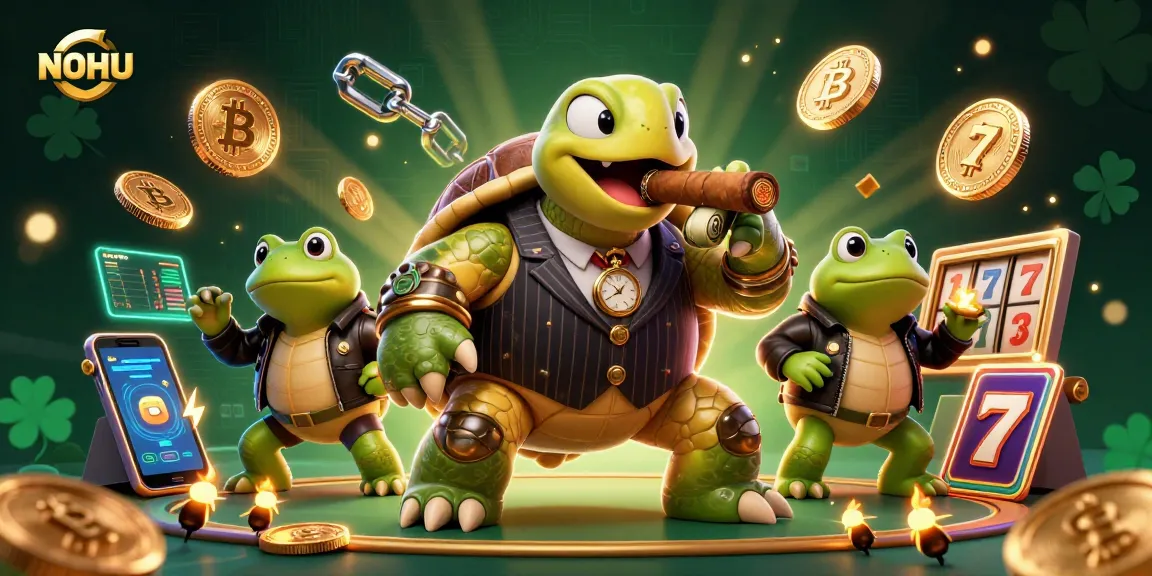 NoHU showcases a vibrant 3D casino scene with a turtle mobster and frog enforcers playing slots.