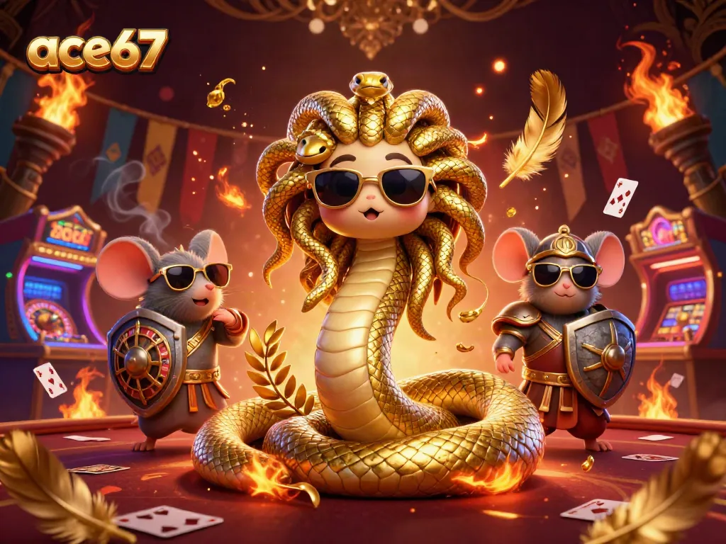 Engage with ace67 at this vibrant casino scene featuring Medusa, a warrior mouse, and thrilling gaming elements.