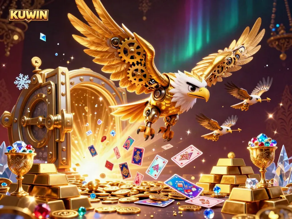Experience the thrill of KUWIN casino with vibrant visuals of a golden eagle soaring amidst holographic gaming elements.