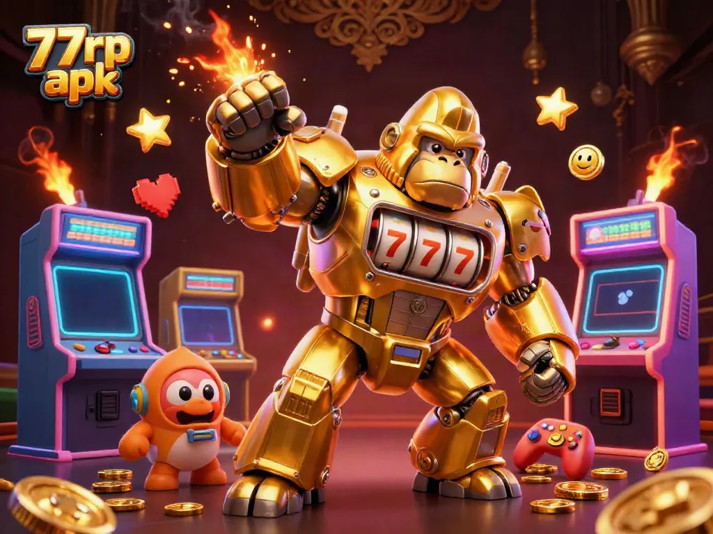 Experience thrilling gameplay with the 77rp apk featuring a golden gorilla mech and vibrant game elements.