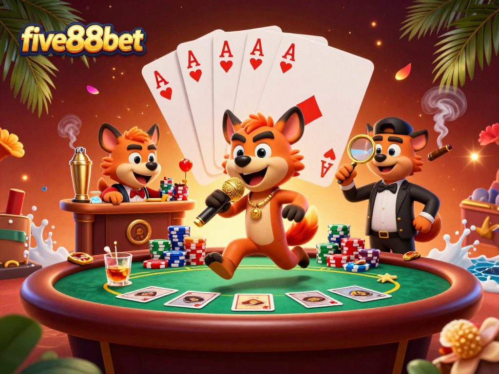five88bet offers a vibrant casino scene with hyenas, showcasing casino games and bar elements.