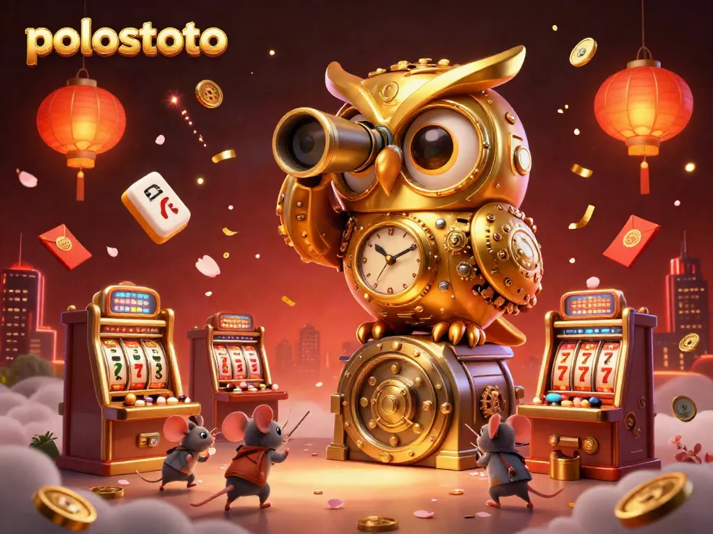 Experience the excitement of Polostoto with a golden owl overseeing thrilling slot games in a vibrant casino scene.