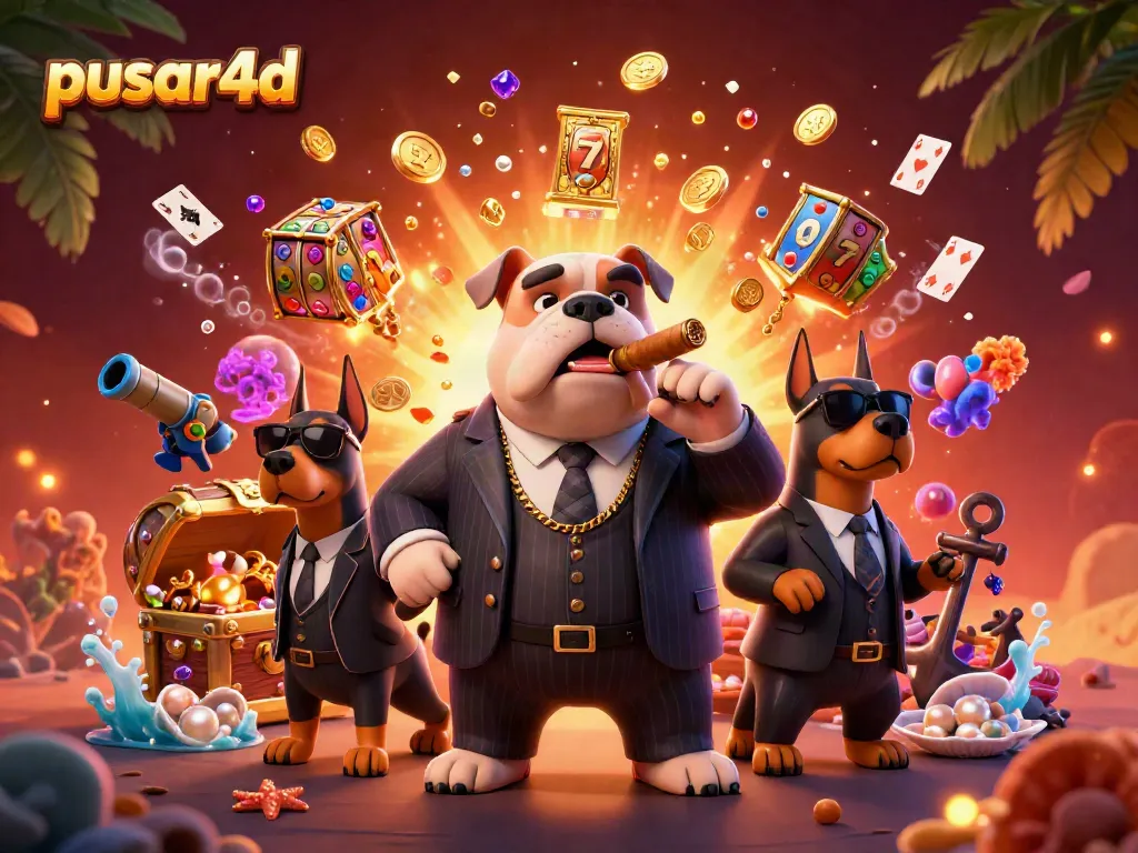 Experience the thrilling world of pusar4d with a mafia boss bulldog and his Doberman bodyguards amidst exploding treasure and slot reels.