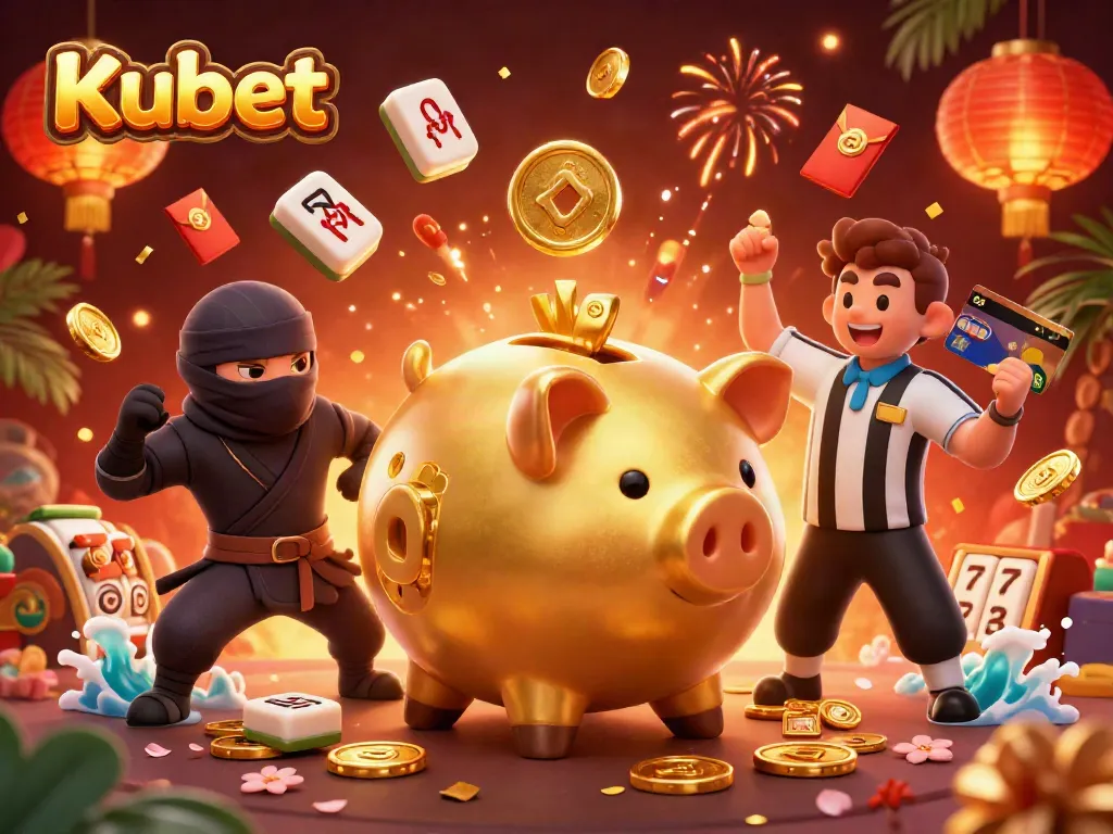 Kubet casino scene with a golden piggy bank sumo wrestler and ninja in action, embodying excitement.