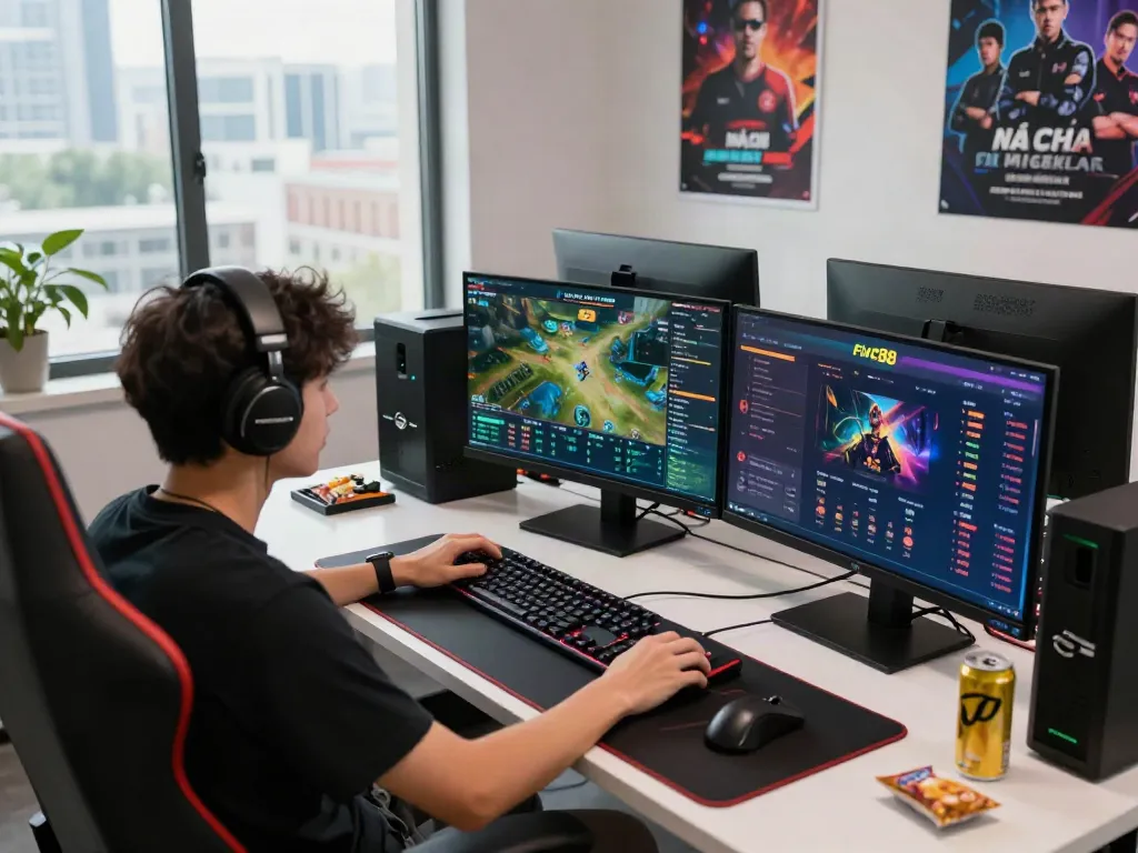 Engaged bettor using nhà cái five88 on multiple monitors in a vibrant esports home office.