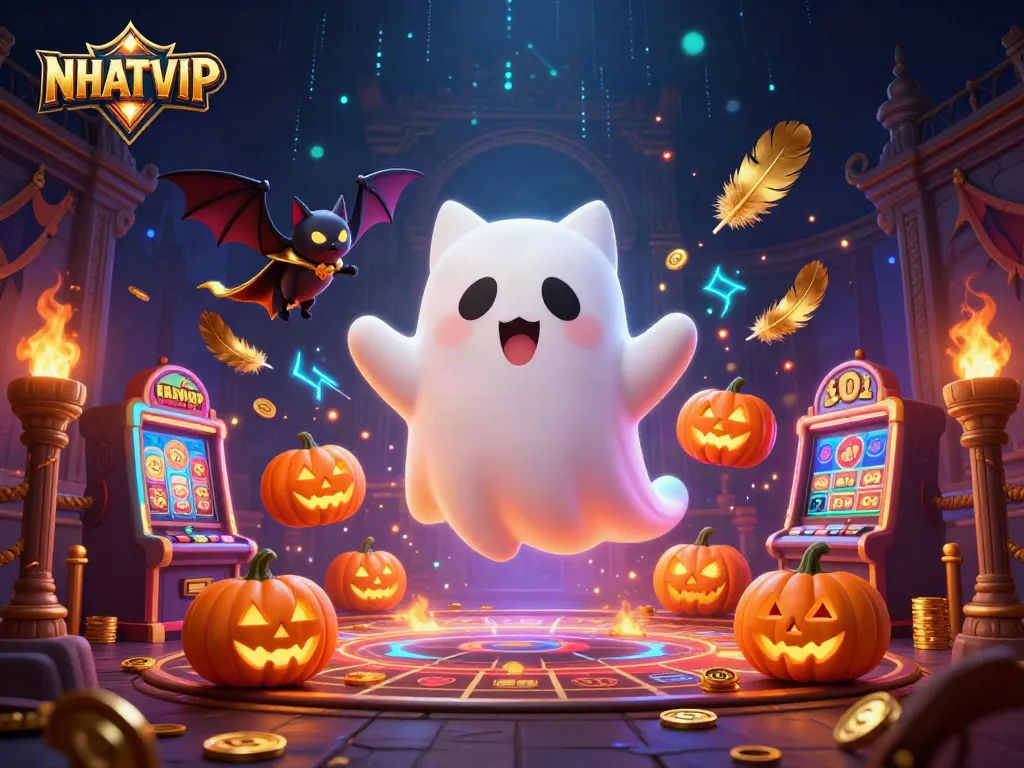 Experience NHATVIP's thrilling casino atmosphere with ghostly cat and glowing jack-o-lanterns.