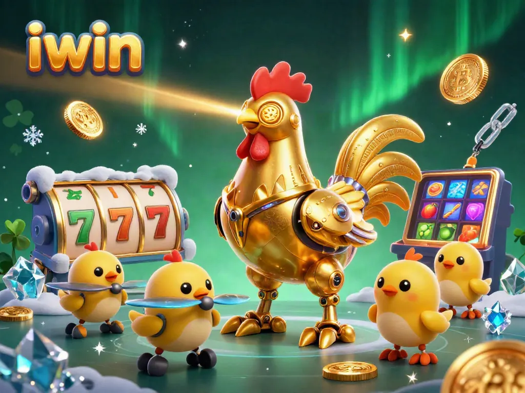 Engage in gameplay at iwin with a retro-futuristic golden rooster robot and slot machines creating a vibrant casino atmosphere.