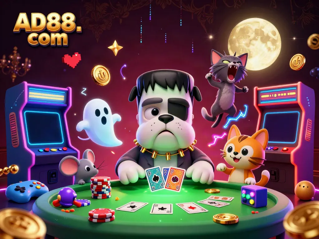 Experience the thrills of AD88. com with whimsical gaming characters and vibrant casino elements.