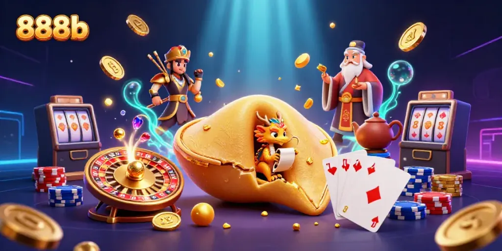 Engage with 888b through a vibrant casino scene featuring a golden fortune cookie and dynamic gaming elements.