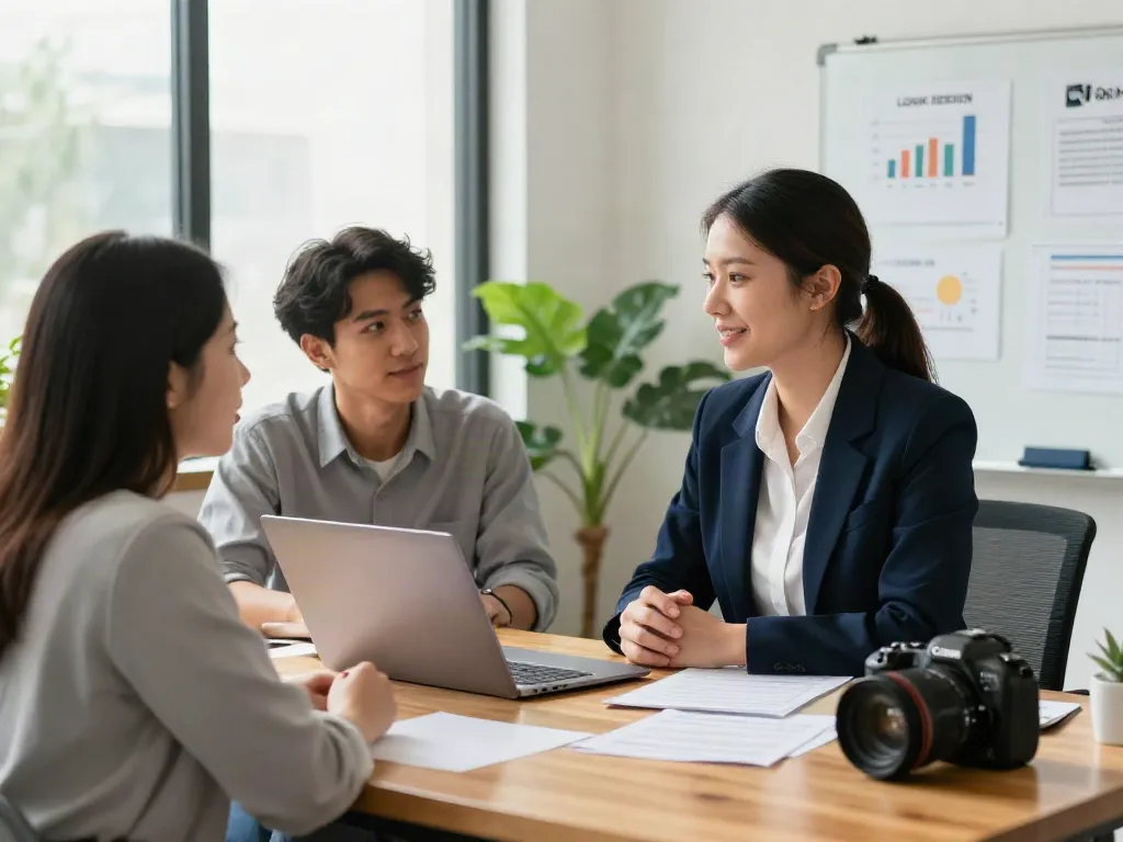 Couple discussing Red Deer loans with a financial advisor in an inviting office.