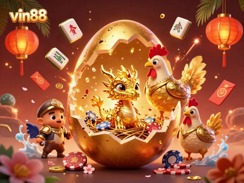Engage in exciting gameplay at vin88 with a golden dragon mascot amidst vibrant casino elements.
