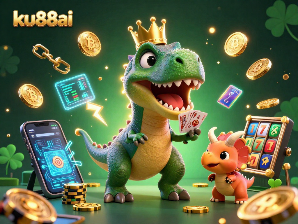ku88ai's playful dinosaur scene showcases blockchain elements while stacking jackpot chips