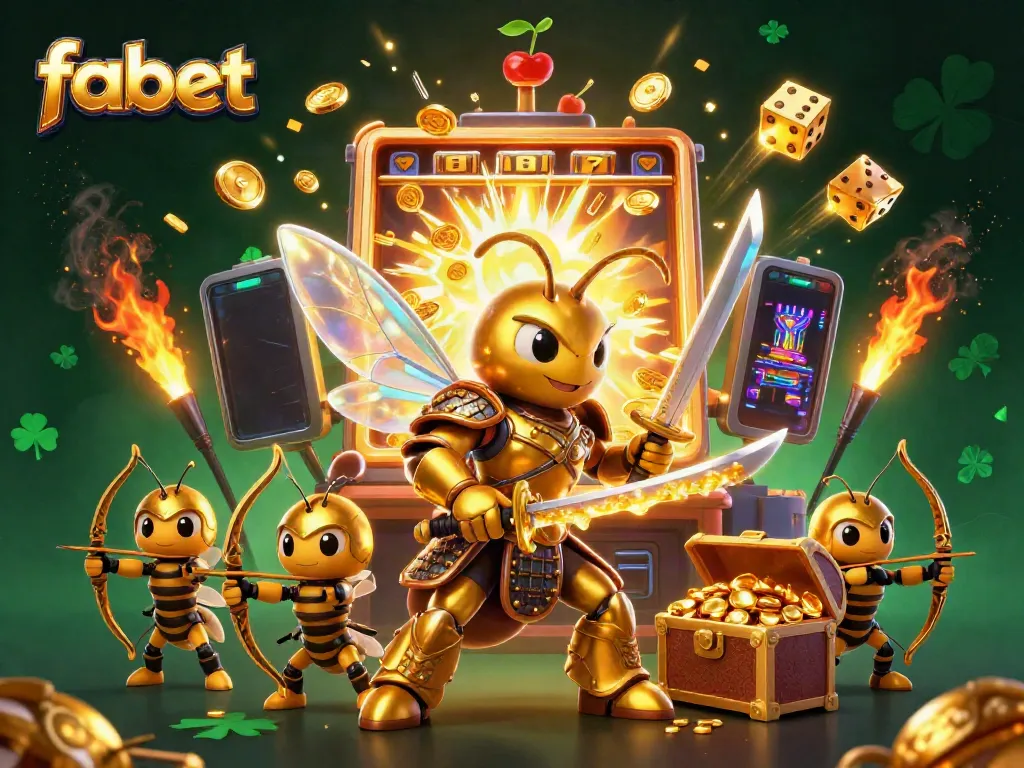 Join the action at fabet with a 3D cartoon hornet and slot machine, celebrating casino fun.