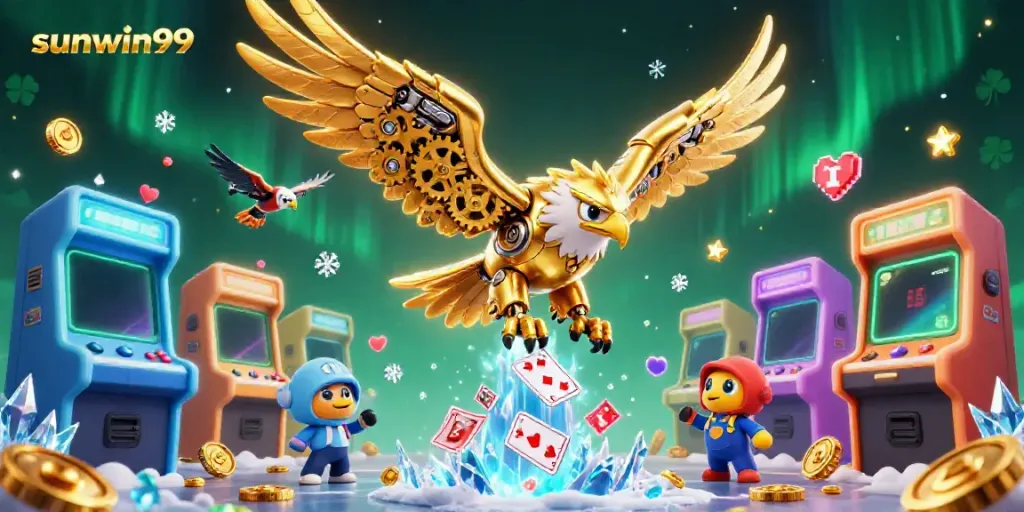 Engage with sunwin99, featuring a cybernetic eagle soaring amidst casino game elements.