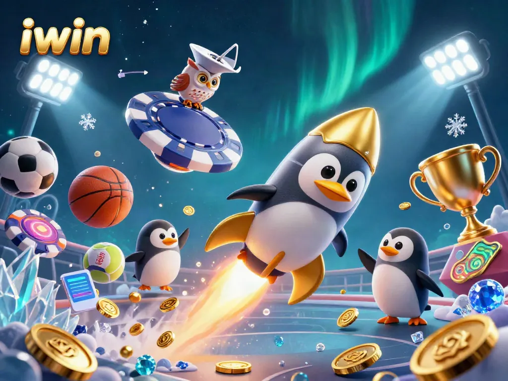 iwin casino penguin soaring through space surrounded by sports elements and golden coins