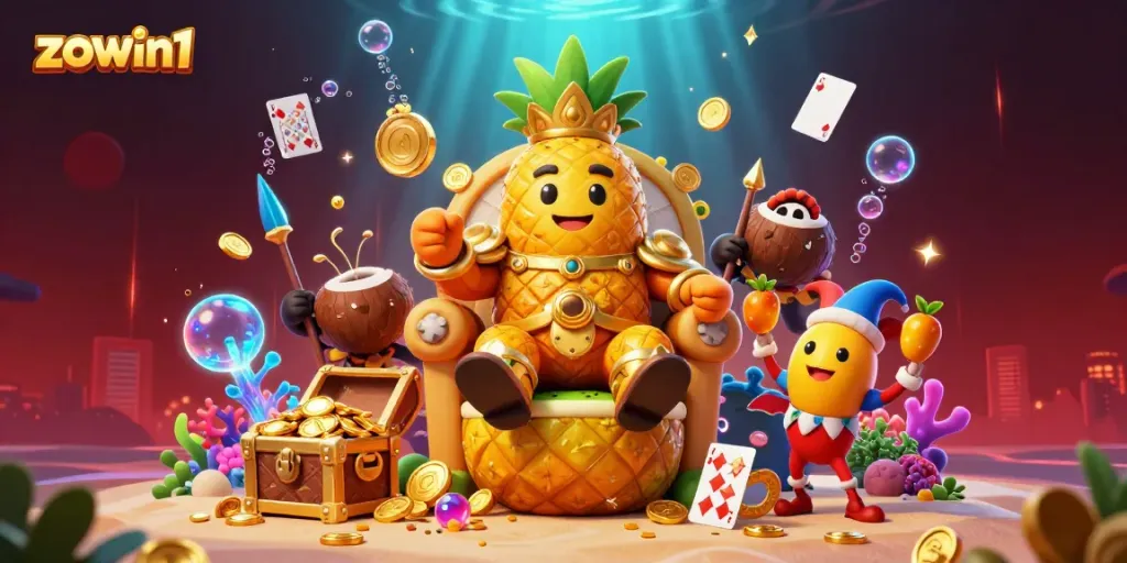 Experience thrilling gameplay dynamics with zowin1's colorful 3D casino illustration featuring a pineapple king and vibrant characters.