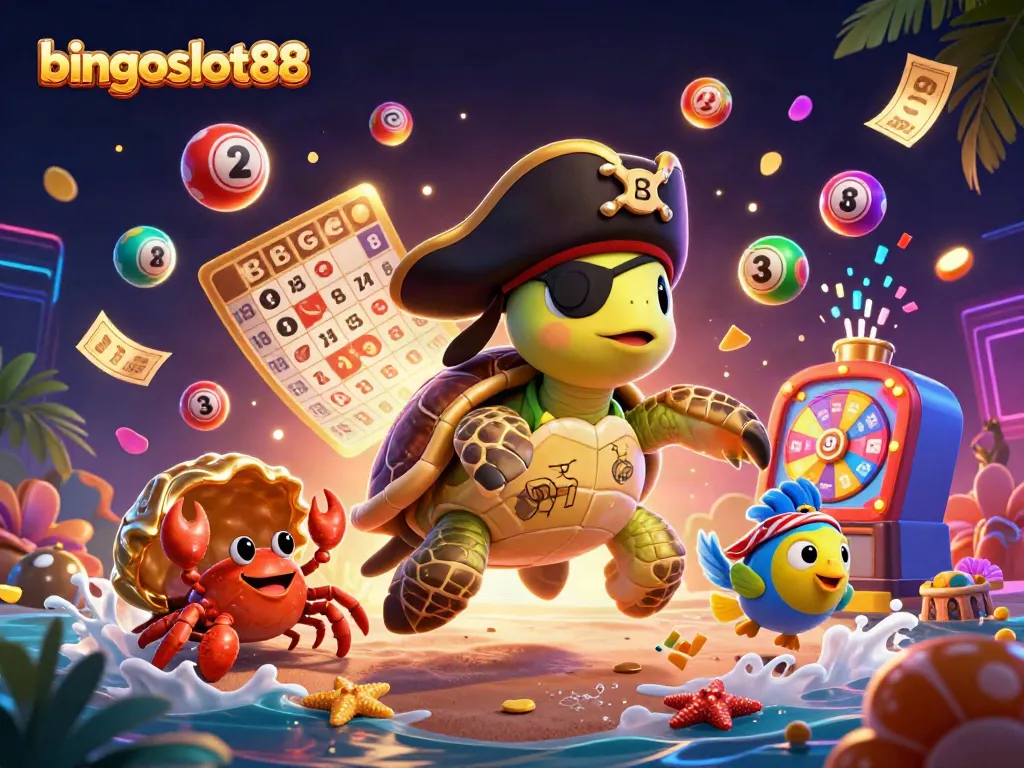Bermain peluang dengan bingoslot88: ilustrasi kartun 3D menyenangkan dengan karakter laut dan elemen judi.