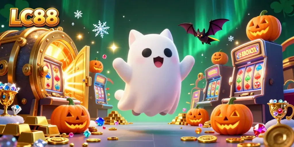 Experience thrilling gaming adventures at LC88 with our vibrant casino illustration featuring ghostly fun!