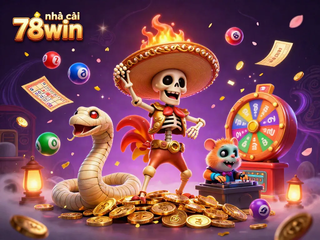 Experience thrilling excitement with nhà cái 78win as vibrant characters dance amidst golden coins and lottery elements.