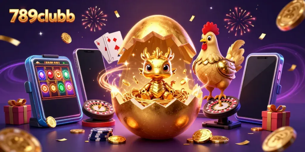 Experience the thrill with 789clubb's premium gaming scene featuring a golden dragon and festive casino elements.